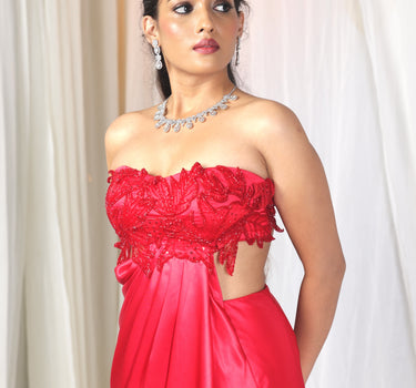 Red hand embroided draped gown