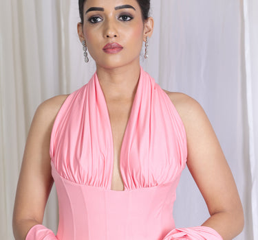 Salmon pink pre draped corset saree