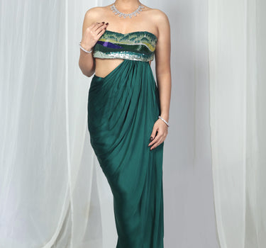 Bottle green hand embroidered draped gown