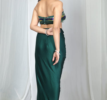Bottle green hand embroidered draped gown