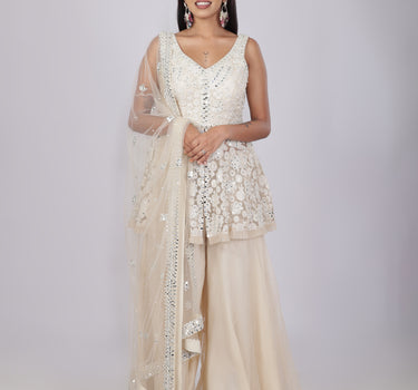 Beige Pearl & Mirror Embroidered Palazzo set