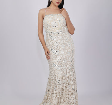Beige Pearl & Mirror Embroidered Mermaid Gown