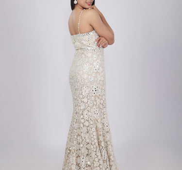 Beige Pearl & Mirror Embroidered Mermaid Gown