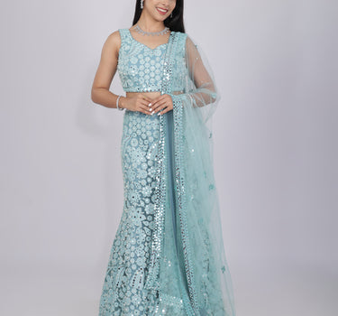 Aqua Blue Pearl & Mirror Embroidered Mermaid Lehenga Set