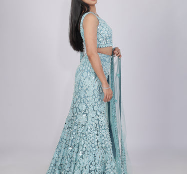 Aqua Blue Pearl & Mirror Embroidered Mermaid Lehenga Set