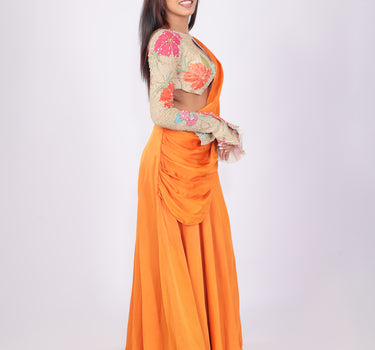 Tangerine Draped Skirt with Hand Embroidered Blouse