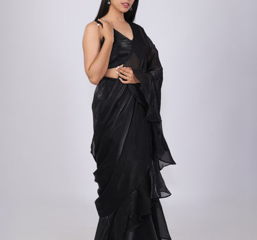 Black Fluid Organza Pre-draped Saree Set