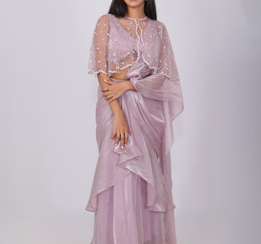 Lilac Fluid Organza Pre-draped Saree with Cape