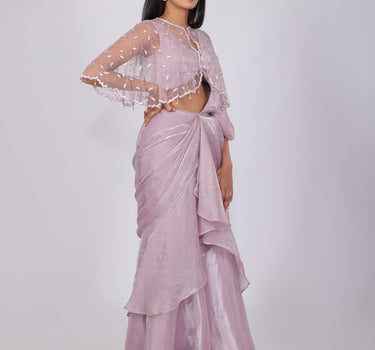 Lilac Fluid Organza Pre-draped Saree with Cape