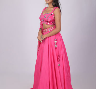 Pink Mirror work Lehenga Set