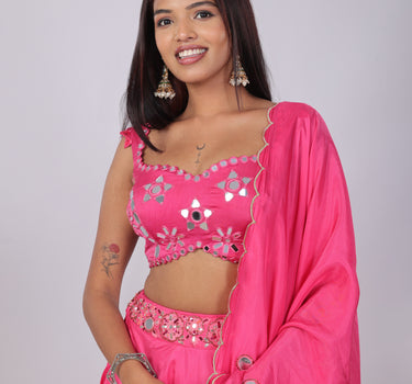 Pink Mirror work Lehenga Set