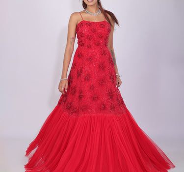 Red floral 3D Hand Embroidered Gown