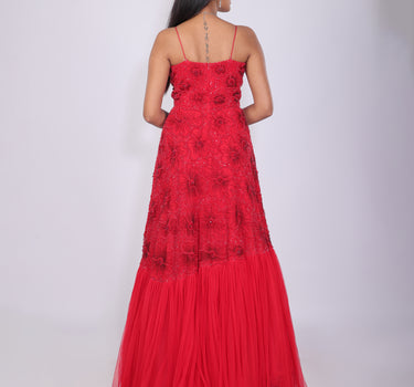 Red floral 3D Hand Embroidered Gown
