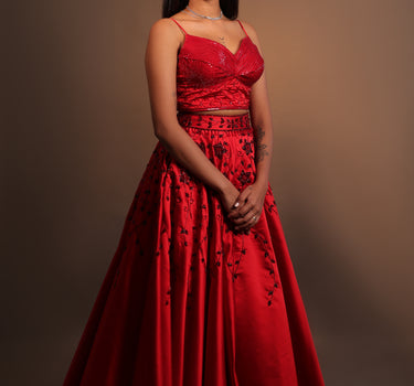 Red Floral Hand Embroidered Lehenga Set