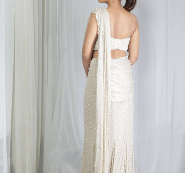 Lurex Ivoy pearl pre draped saree