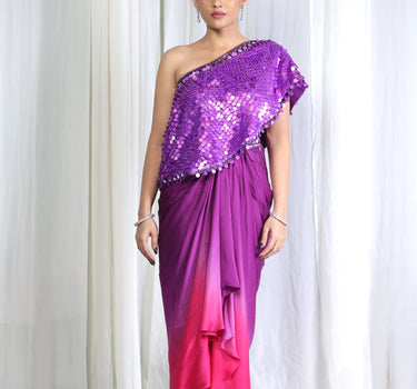 Ombre hand embroidered cape with draped skirt
