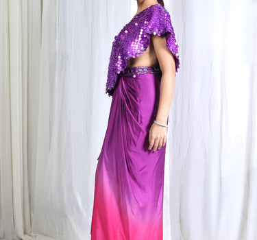 Ombre hand embroidered cape with draped skirt