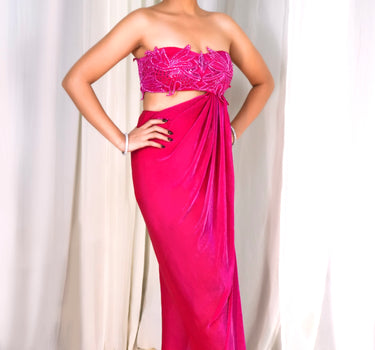 Fuschia hand embroided draped gown