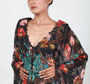 Botanical Print Handwork Loop-buttoned Kafta