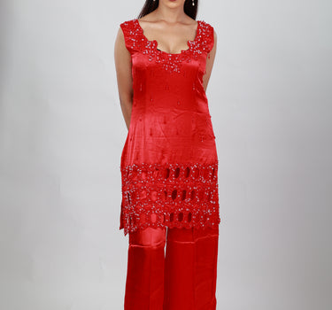 Fiery Red Honeycomb Cutwork Kurti Set with Blazer