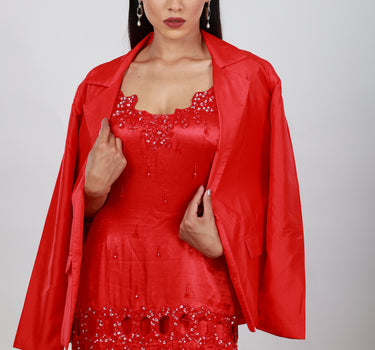 Fiery Red Honeycomb Cutwork Kurti Set with Blazer