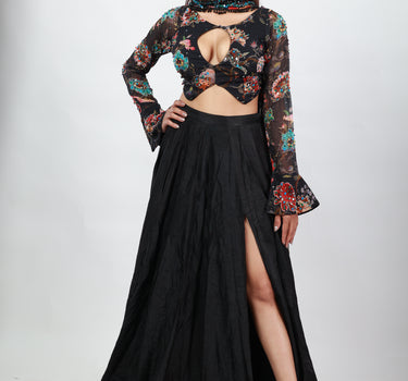 Black Solid Slit Lehenga  with Blouse and attached Dupatta