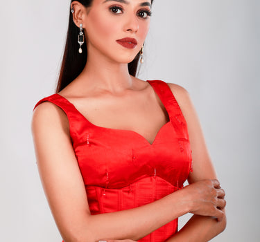 Fiery Red Droplet Handwork Kurti Set with Underbust Corset