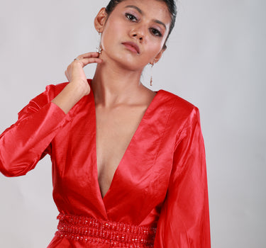 Fiery Red Elongated Sleeve Jacket with Slit Palazzo