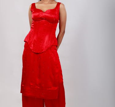Fiery Red Droplet Handwork Kurti Set with Underbust Corset