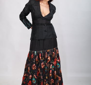 Black Hand Embroidered hem Jacket Skirt Set