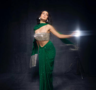 Bedazzled crystal blouse with crystal draped skirt & stole